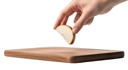 Hand Places Cheese Slice on Wooden Board Against Transparent Background Studio Shot