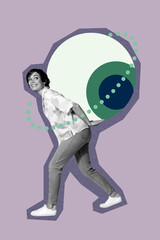 Collage of stressed person under large symbolic eye representing surveillance spying fear control...
