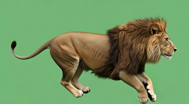 A powerful male lion leaps forward against a solid green background in motion