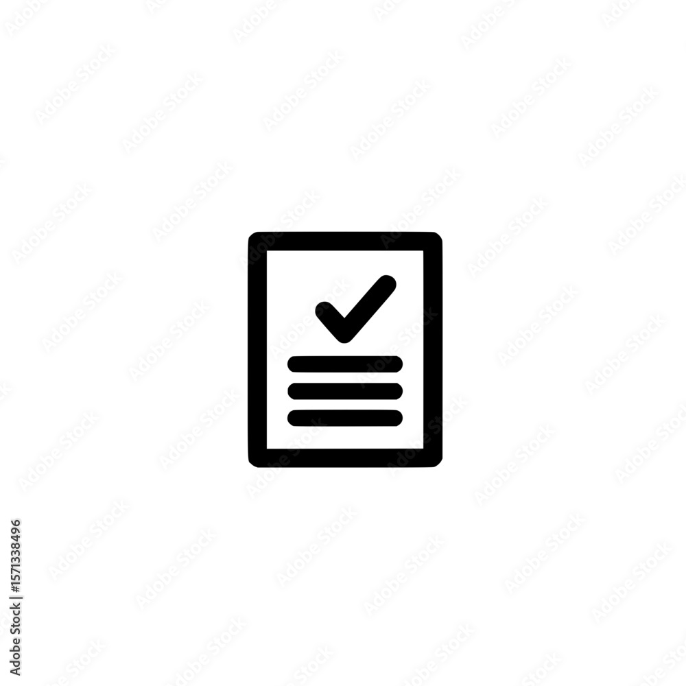 Poster text document paper icon with check mark symbol for task approval verification and completion