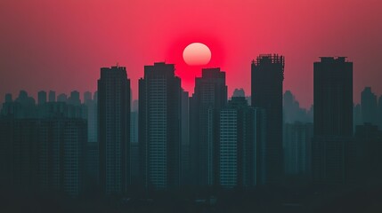 Silhouette of skyscrapers at sunset against a vibrant red sky.