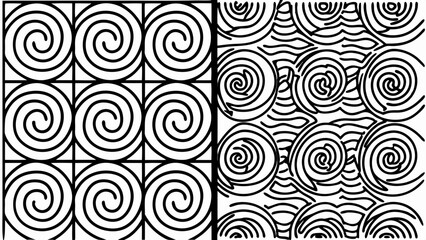 Abstract black and white spiral pattern with wavy lines and geometric grid