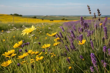 Vibrant field of blooming yellow wildflowers and purple lavender flowers under a clear blue sky