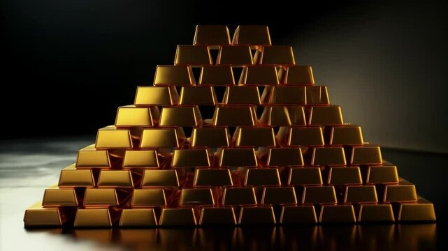 Gold Bars Pyramid, Wealth and Prosperity Concept - A meticulously arranged pyramid of gleaming gold bars sits on a dark reflective surface.