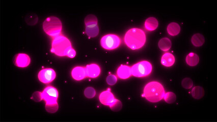 Abstract glowing pink bokeh light background on a dark black backdrop. Soft, dreamy light orbs in neon pink tones create a romantic, futuristic, and energetic visual effect. 