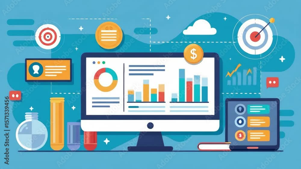 Poster business analytics and financial growth - a vibrant illustration depicting a computer screen display