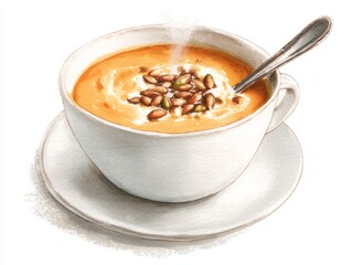Warm steaming bowl of creamy butternut squash soup topped with toasted pumpkin seeds