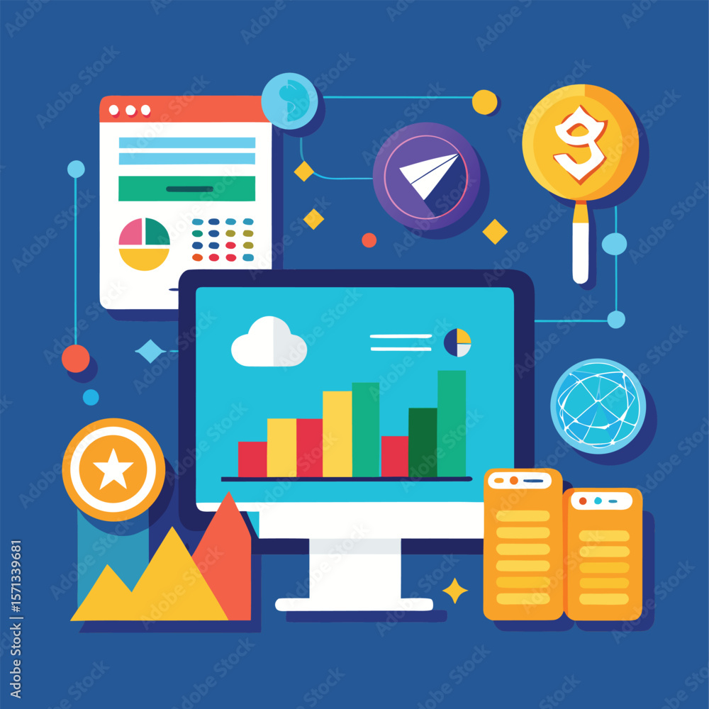 Poster modern data analysis and digital marketing illustration with charts and web elements