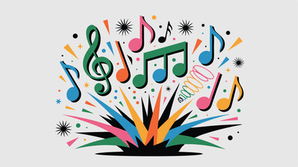 Whimsical Music Illustration Colorful Notes, Treble Clef, and Bursting Shapes on Light Background