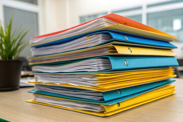 Stack of colorful file folders filled with documents sits on a desk