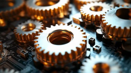 Intricate golden gears on a circuit board symbolizing precision engineering, a perfect background for technology, innovation, and industry projects.