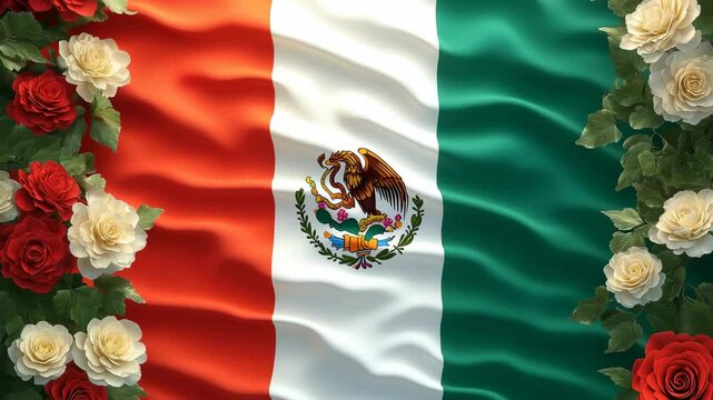 An elegant celebration of Mexican heritage featuring the national flag waving, framed by roses, a perfect background for holiday and cultural projects.