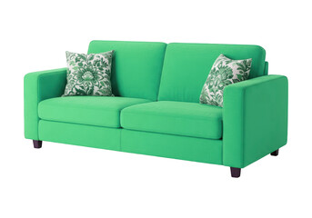 Fototapeta premium Vibrant Emerald Green Two Seater Sofa With Decorative Cushions for Modern Living Spaces