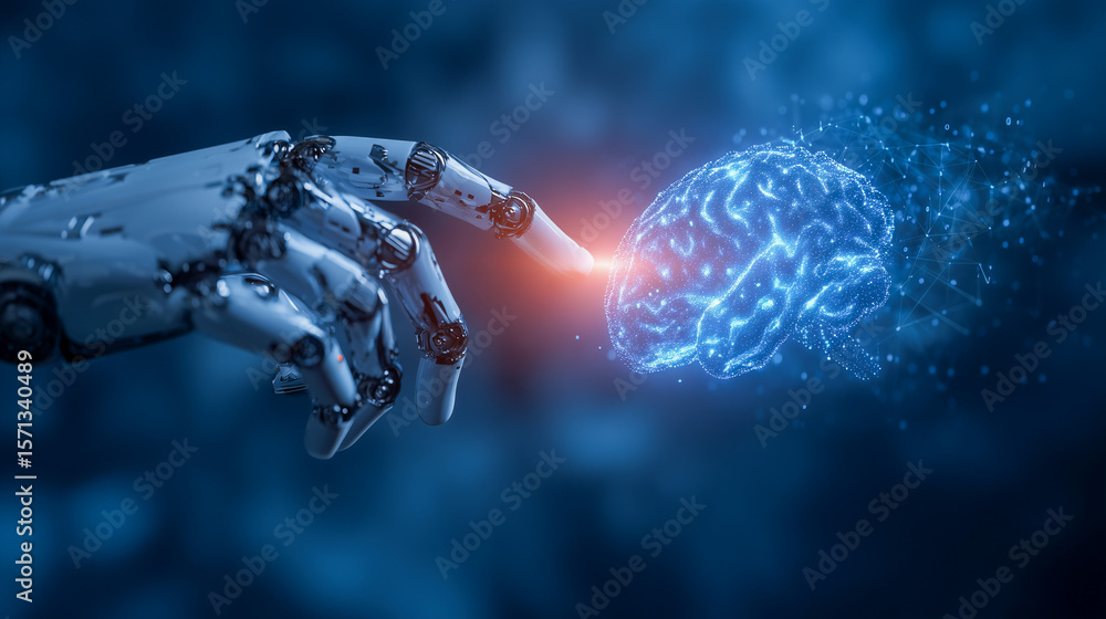 Aufkleber a robotic hand touches a glowing digital brain, representing artificial intelligence, machine learni