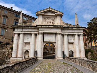 Front view of Porta San Giacomo in Bergamo Alta during daytime