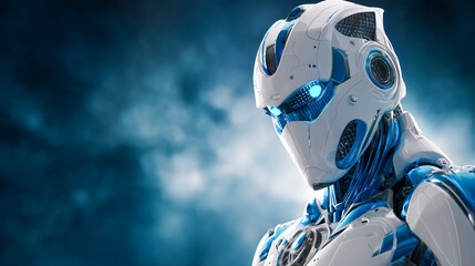 A striking futuristic white and blue robot with glowing eyes, representing artificial intelligence, advanced robotics, automation, and cutting-edge technology, ideal for concepts of innovation and cyb