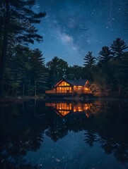 Obraz premium Fireworks in the night sky with lake reflections