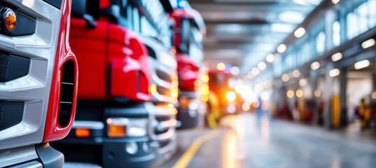A glimpse inside a fire station garage with fire trucks on standby.