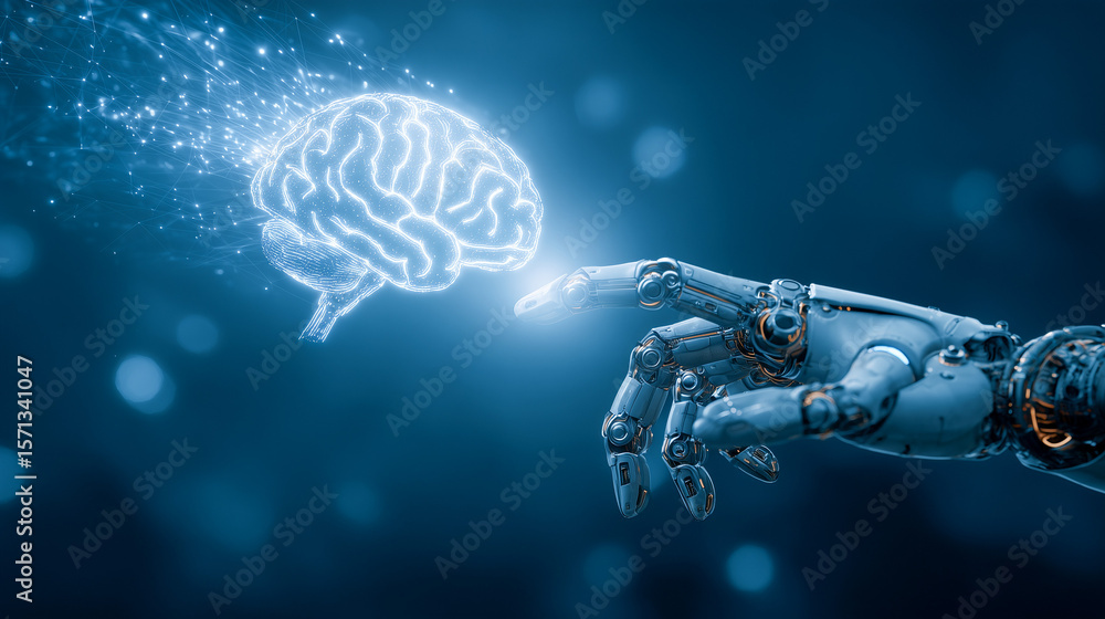 Poster a robotic hand touches a glowing digital brain, representing artificial intelligence, machine learni