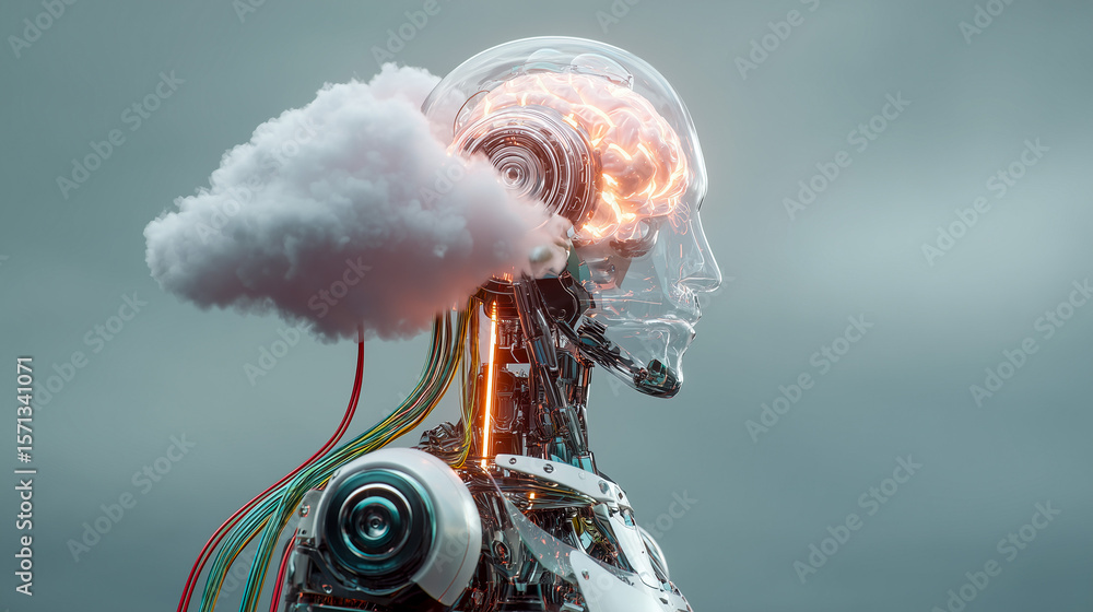 Poster a futuristic cyborg with a glowing brain and a cloud attached to its head, symbolizing artificial in