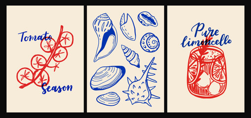 Italian cuisine and sea inspired poster set with pasta, seafood, wine, lemons, shells, herbs and decorative blue tiles in flat cartoon vector style, Mediterranean kitchen wall art prints