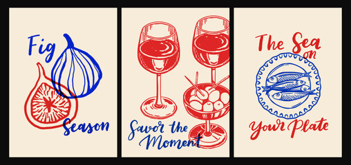 Italian cuisine and sea inspired poster set with pasta, seafood, wine, lemons, shells, herbs and decorative blue tiles in flat cartoon vector style, Mediterranean kitchen wall art prints