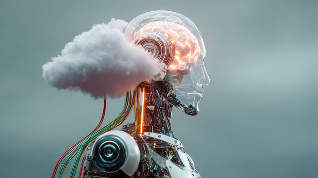 A futuristic cyborg with a glowing brain and a cloud attached to its head, symbolizing artificial intelligence, cloud computing, machine learning, and advanced robotic technology for future innovation
