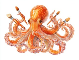Obraz premium Cheerful watercolor illustration of a friendly octopus holding colorful paintbrushes on bright white background