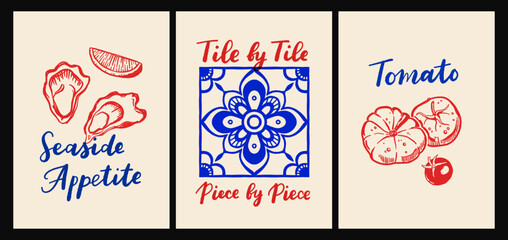 Italian cuisine and sea inspired poster set with pasta, seafood, wine, lemons, shells, herbs and decorative blue tiles in flat cartoon vector style, Mediterranean kitchen wall art prints