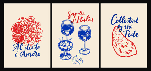 Italian cuisine and sea inspired poster set with pasta, seafood, wine, lemons, shells, herbs and decorative blue tiles in flat cartoon vector style, Mediterranean kitchen wall art prints