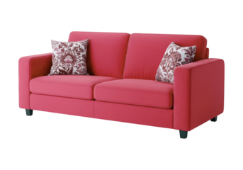 Stylish modern coral pink upholstered sofa with decorative patterned throw pillows on a black background providing comfortable seating for living room or lounge areas