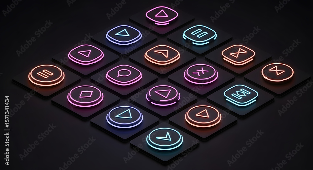 Poster illuminated geometric arrangement of colorful gaming controller button icons.
