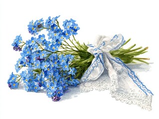 Soft pastel bouquet of forget-me-not flowers tied with lace ribbon on white background in gentle blue hues