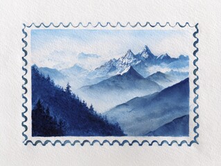Soft watercolor mountain panorama within detailed postage stamp border on white background
