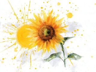 Vibrant yellow sunflower turning toward radiant sun rays with splattered white background