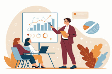 Vector brand manager presenting marketing strategy. Diverse team, business plan, charts, graphs, analytics, data, campaign, promotion, client, audience.