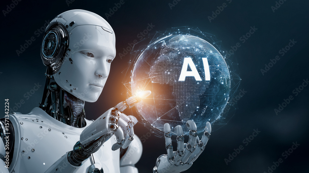 Aufkleber white robot hand touches glowing 'ai' globe, symbolizing global artificial intelligence innovation, 