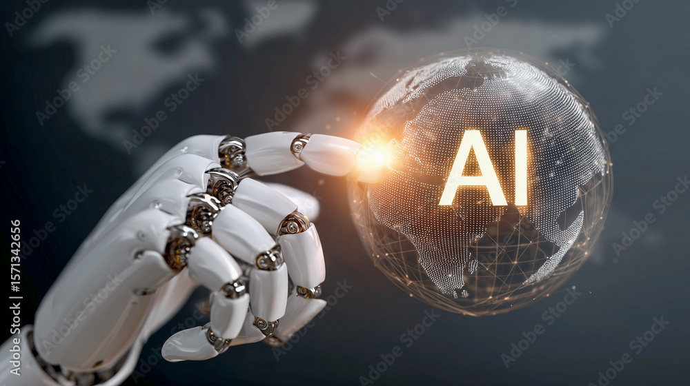 Poster white robot hand touches glowing 'ai' globe, symbolizing global artificial intelligence innovation, 
