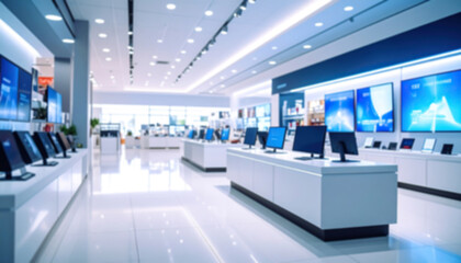 Fototapeta premium Blurred Electronics Retail Display: Modern design with multiple devices shown.