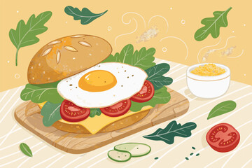 Vector art of breakfast sandwich creation in a cozy kitchen, illustrated eggs, bacon, cheese, bread, coffee.