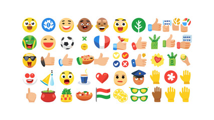 Emoji icon set vector design illustration with social media and food elements