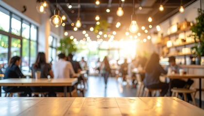 Blurred Warm lighting and blurred background of people in a relaxing cafe.
