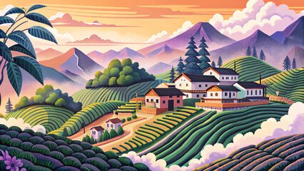Fototapeta premium terraced tea plantations on misty mountain slopes, Southeast Asian landscape, tropical farm scene, green agriculture, tranquil nature, foggy hills, rural environment