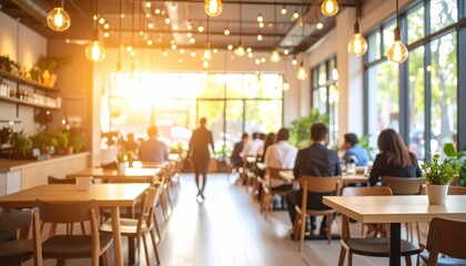 Blurred Bright and modern restaurant interior with patrons and ambient lighting.