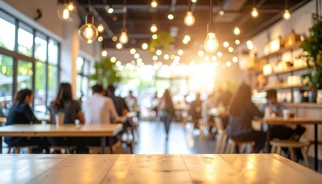 Blurred Warm lighting and blurred background of people in a relaxing cafe.