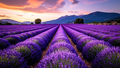 Naklejka premium Lavender field at sunset creates a picturesque and serene landscape.