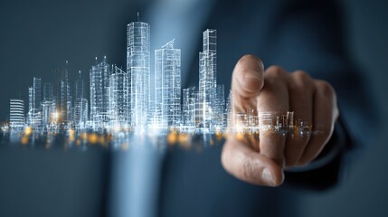Businessman touching a virtual city on a digital screen with holographic buildings and skyscrapers for a real estate business plan or urban development concept.