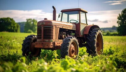 Obraz premium Vintage Tractor in Field: Agriculture and Rural Beauty in Rustic Charm