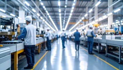 Blurred factory floor with workers and bright overhead lighting.