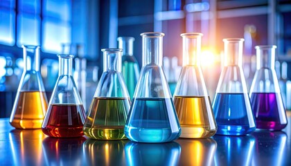 Colorful liquids in laboratory glassware for scientific experiments.